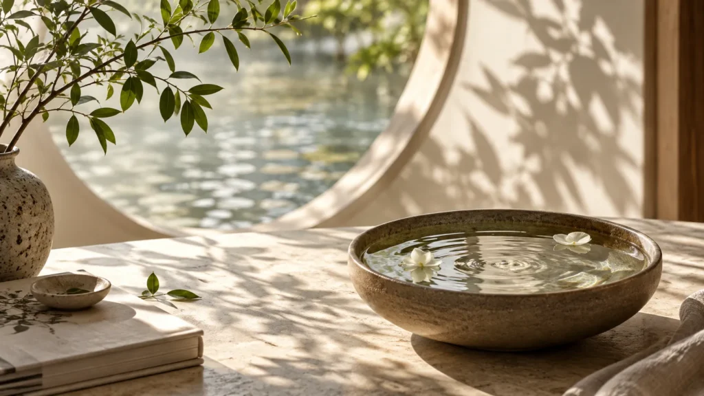 Serene water ripples, natural light and plant shadows symbolizing balance and connection in Chinese wellness.